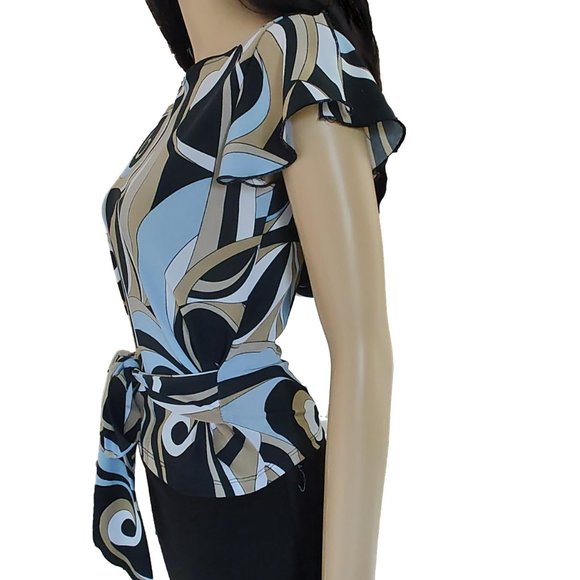 Abstract Multicolor Ruffle Belted Top M - Picture 10 of 12